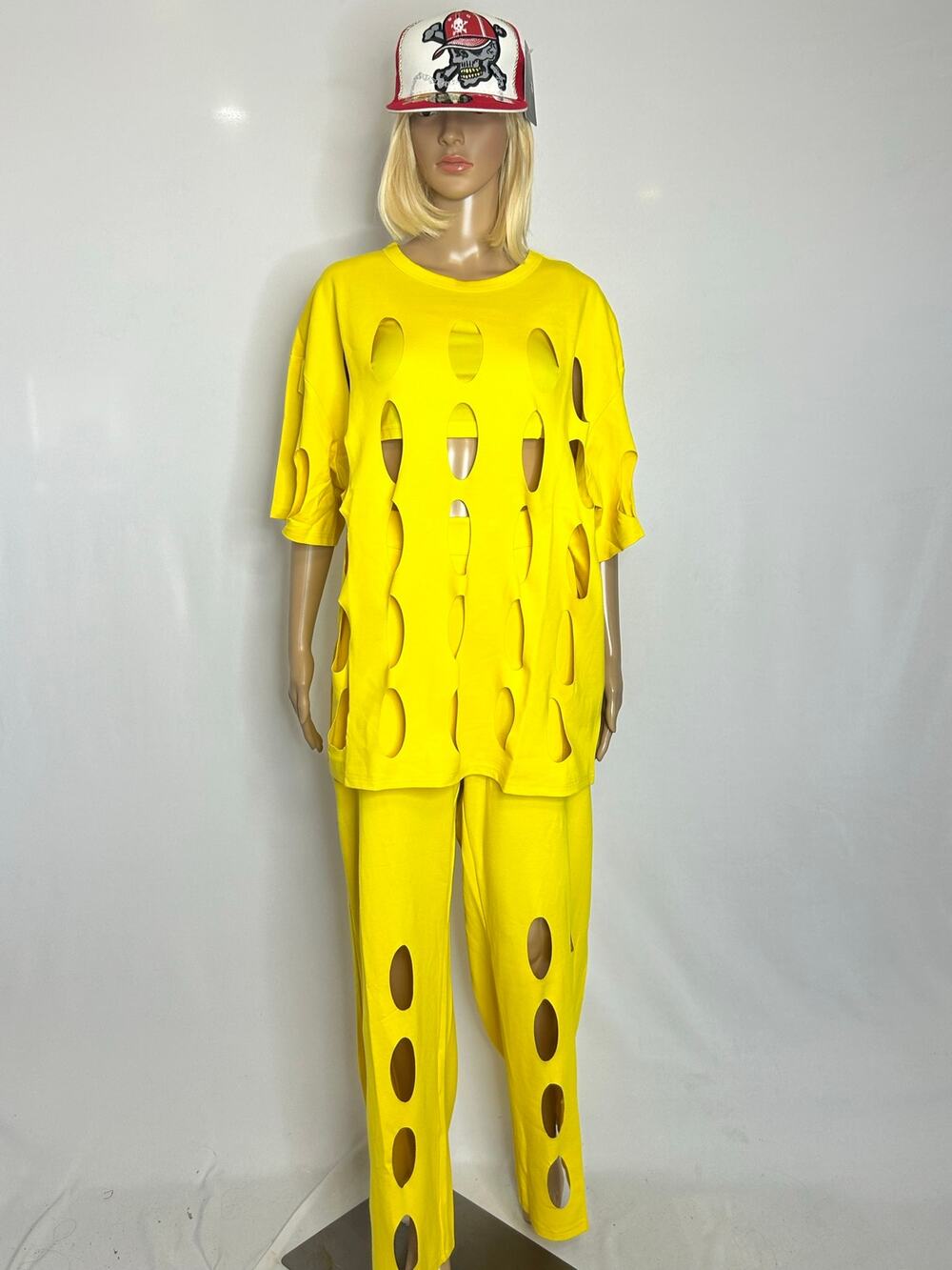 Yellow Cutout 3 Piece Pants Set L Oversized Top Tube Top Wide Leg NWT